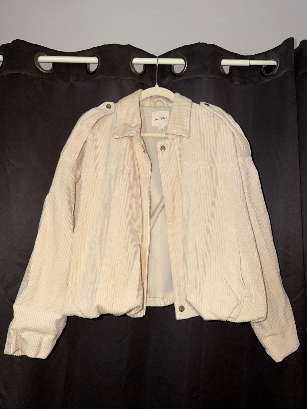 Easy Clothes Cream Corduroy Bomber Jacket with Epaulette Detail